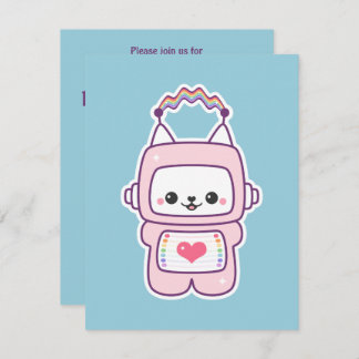 Cute Pink Cat Robot Birthday Party Invitations