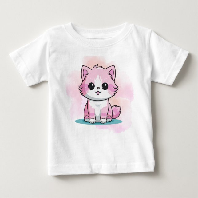 Cute Pink Cat Watercolour Cartoon Kitten Animal  Baby T-Shirt (Front)