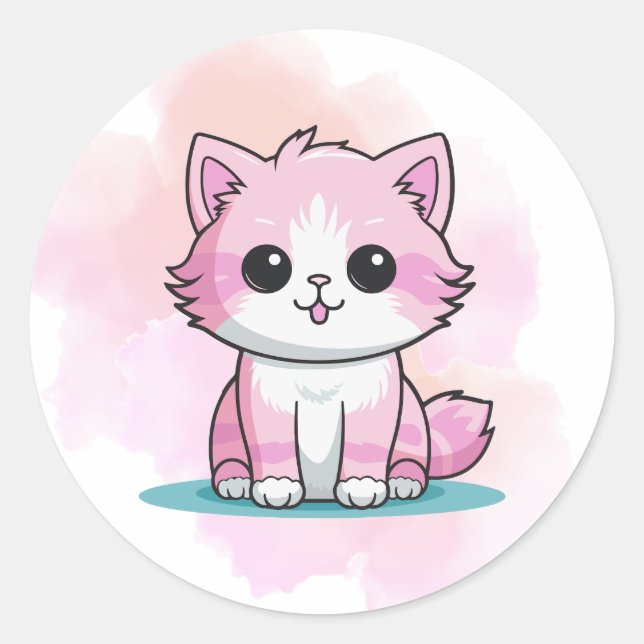 Cute Pink Cat Watercolour Cartoon Kitten Animal  Classic Round Sticker (Front)