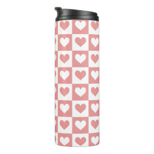 Cute Pink Chequered Hearts Pattern Thermal Tumbler