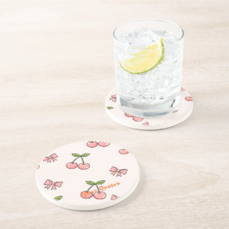 Cute Pink Cherries & Bows Seamless Pattern Coaster