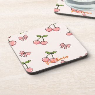 Cute Pink Cherries & Bows Seamless Pattern Coaster