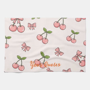 Cute Pink Cherries & Bows Seamless Pattern Tea Towel