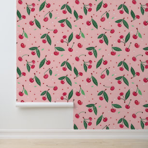 Cute Pink Cherries Coquette Pattern Home Decor Wallpaper