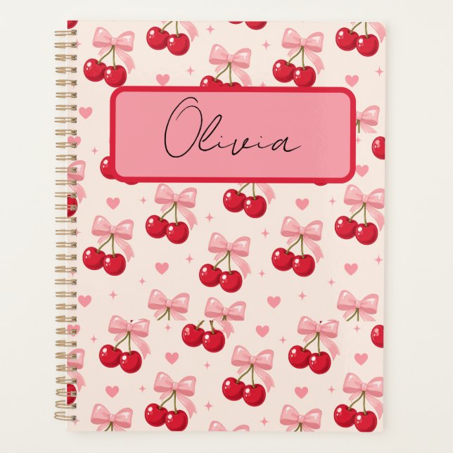 Cute Pink Cherry Bow Coquette Back to School 2027  Planner (Front)
