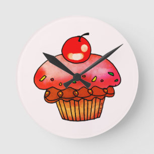 Cute Pink Cherry Cupcake Illustration Dessert Art Round Clock