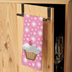 Cute Pink Cherry Cupcake Tea Towel