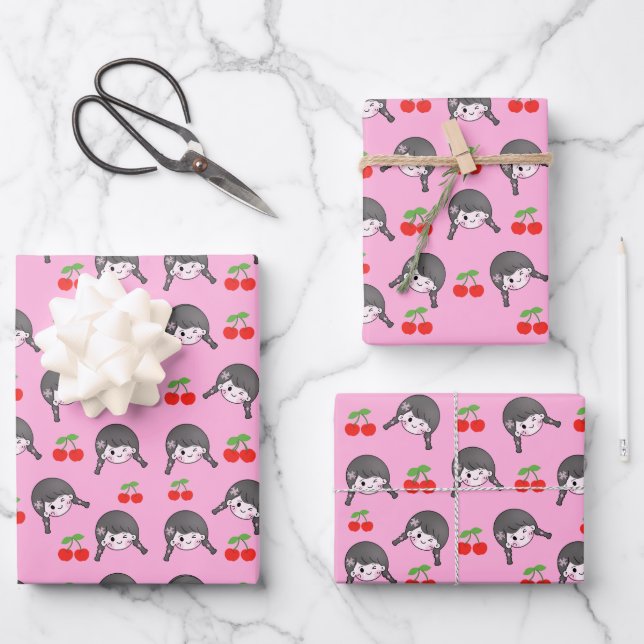 Cute pink cherry Girl Wrapping Paper Sheet (Front)