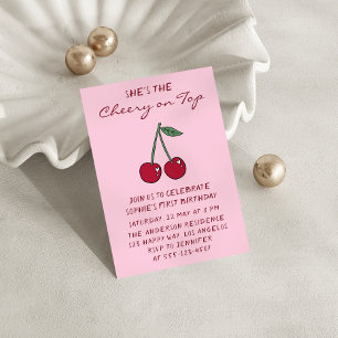 Cute Pink Cherry on Top First Birthday Invitation