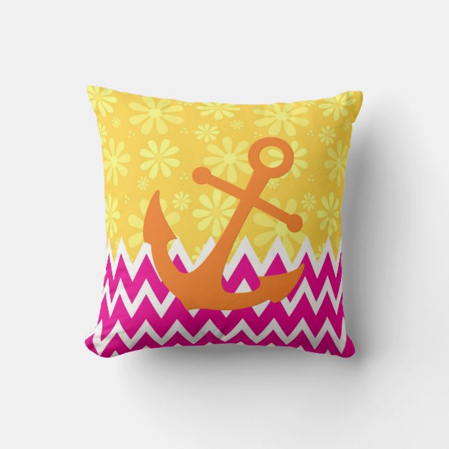 Cute Pink Chevrons With Girly Orange Anchor Cushion (Front)
