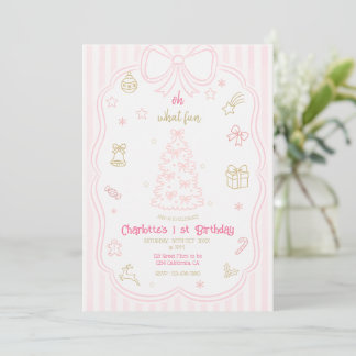 Cute Pink Christmas 1st Birthday Party Invitation