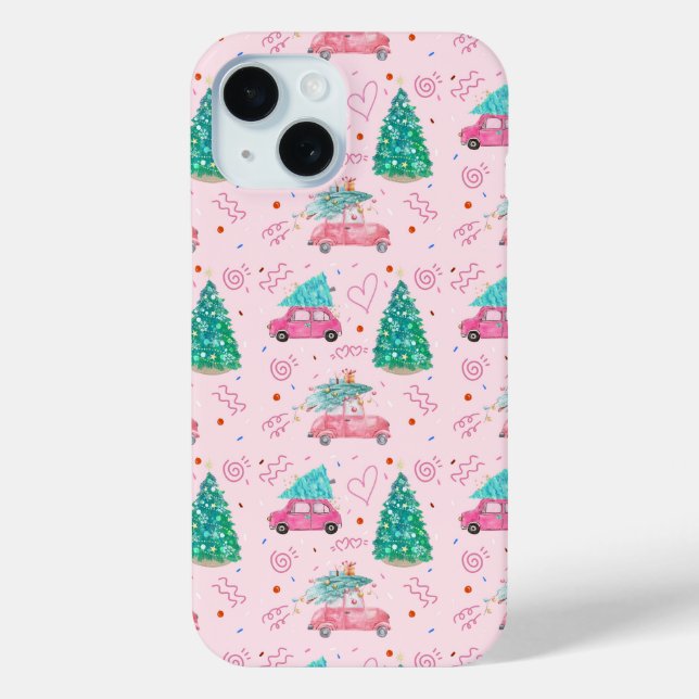 Cute Pink Christmas Car Tree Seamless Pattern Case-Mate iPhone Case (Back)