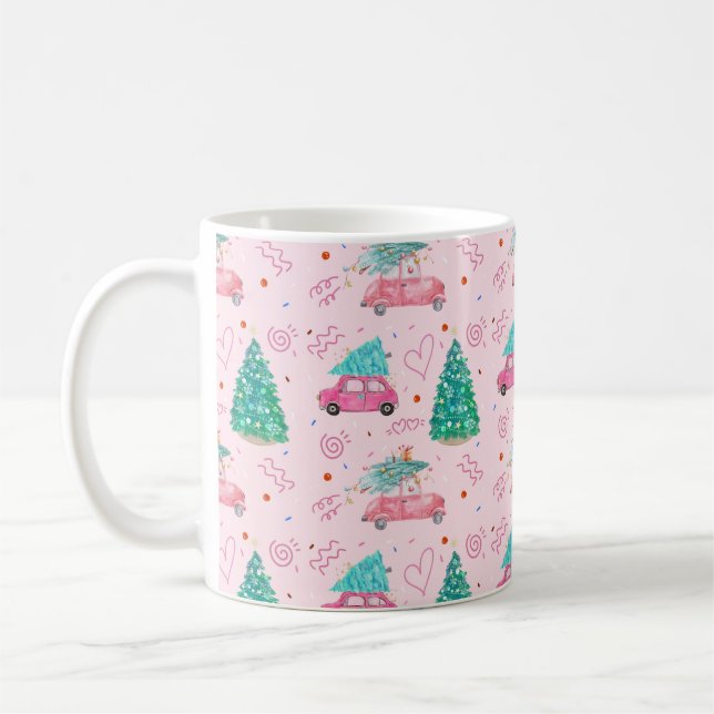 Cute Pink Christmas Car Tree Seamless Pattern Coffee Mug (Left)