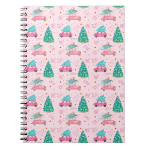 Cute Pink Christmas Car Tree Seamless Pattern Notebook