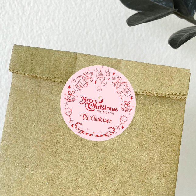 Cute pink christmas doodle custom family name  classic round sticker (Creator Uploaded)