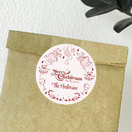 Cute pink christmas doodle custom family name classic round sticker