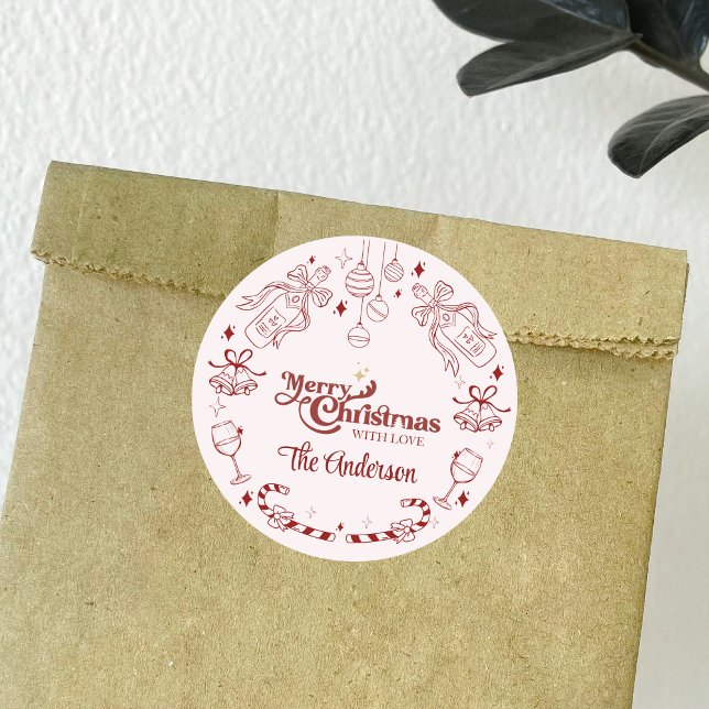 Cute pink christmas doodle custom family name  classic round sticker (Creator Uploaded)