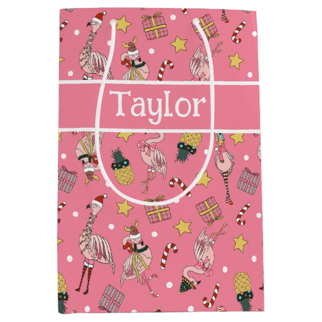 Cute Pink Christmas Flamingo and Pineapple Pattern Medium Gift Bag (Front)