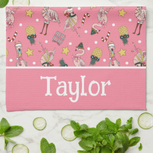 Cute Pink Christmas Flamingo and Pineapple Pattern Tea Towel