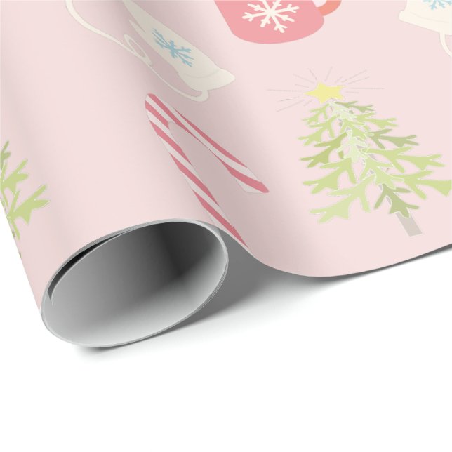 Cute Pink Christmas Holiday Pattern Wrapping Paper (Roll Corner)