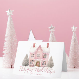 Cute Pink Christmas House New Home Address Holiday Card