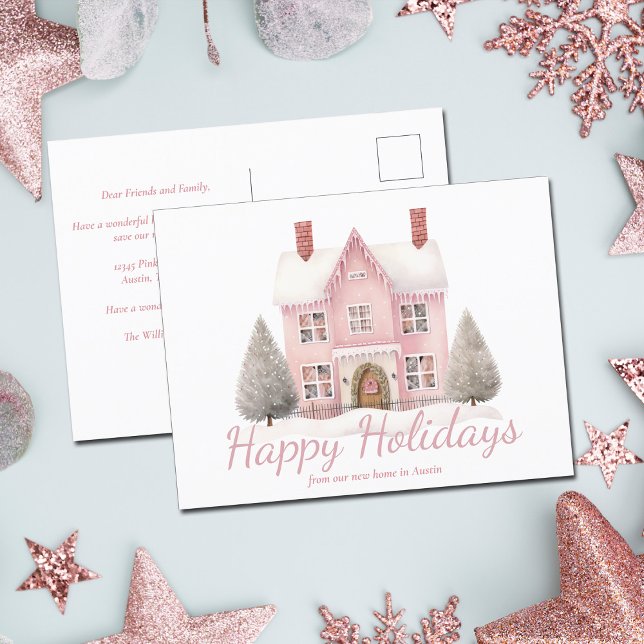 Cute Pink Christmas House New Home Address Holiday Postcard (Creator Uploaded)