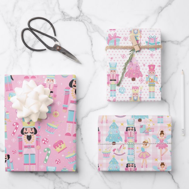 Cute Pink Christmas Nutcracker Ballet Wrapping Paper Sheet (Front)