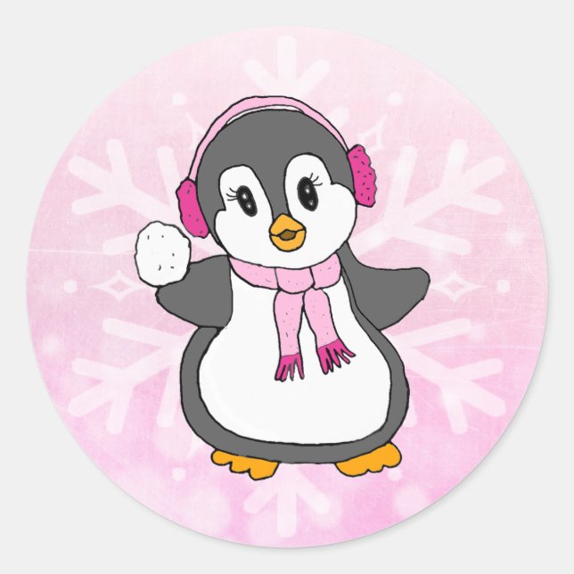 Cute Pink Christmas Penguin with Snowball Holiday Classic Round Sticker (Front)