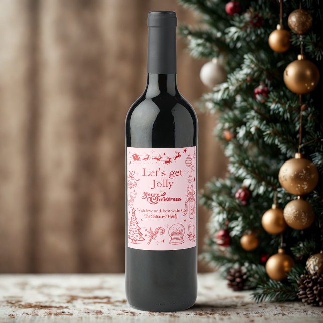 Cute pink christmas quirky doodle custom text  wine label (Creator Uploaded)