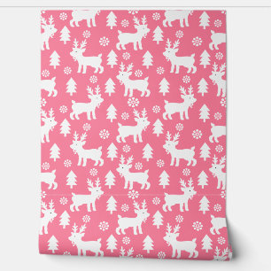 Cute Pink Christmas Reindeer Kids Nursery Room Wallpaper
