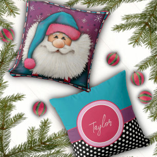 Cute Pink Christmas Santa Personalised Name  Cushion