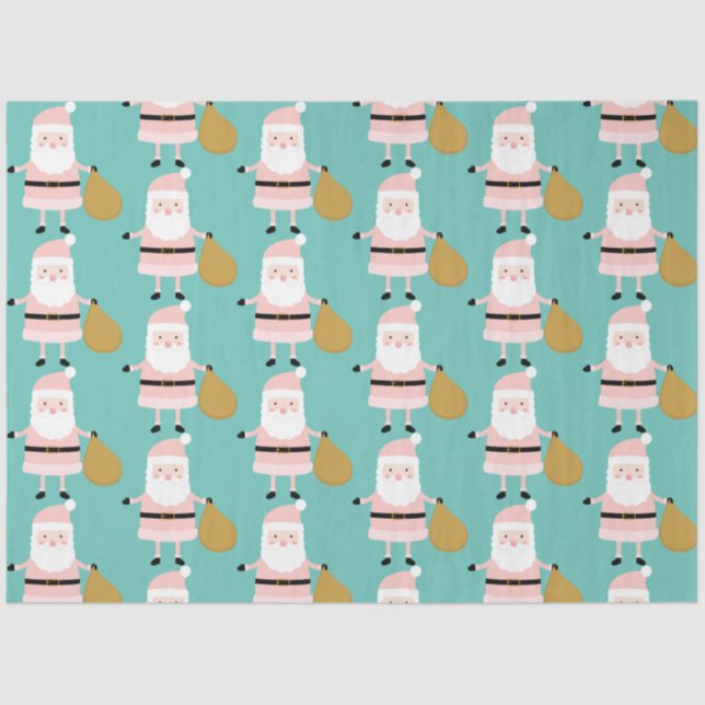 Cute Pink Christmas Santa Whimsical Pattern Teal Tissue Paper (Front)