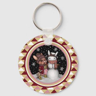 Cute Pink Christmas Snow Bunny Rabbit Illustration Key Ring