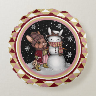 Cute Pink Christmas Snow Bunny Rabbit Illustration Round Cushion