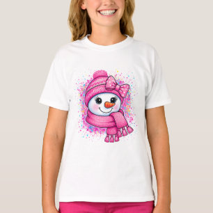 Cute Pink Christmas Snowman Bow Beanie Paint Splat T-Shirt