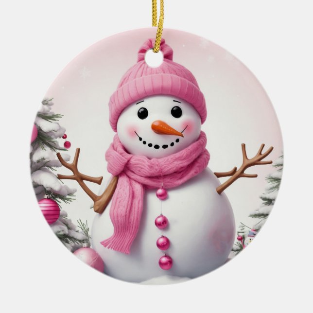 Cute Pink Christmas Snowman Ceramic Tree Decoration (Front)