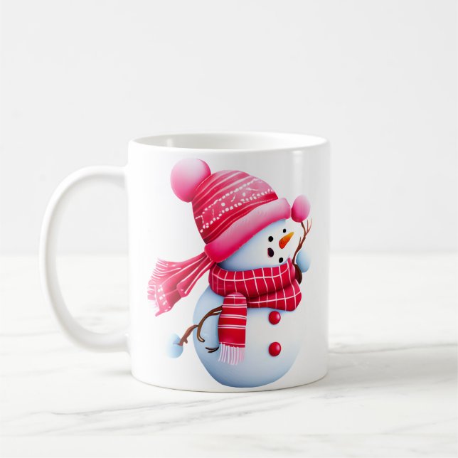 Cute Pink Christmas Snowman Coffee Mug (Left)