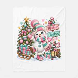 Cute Pink Christmas Snowman Fleece Blanket