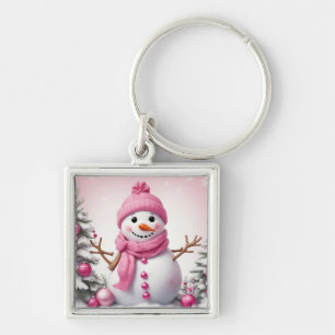 Cute Pink Christmas Snowman Key Ring