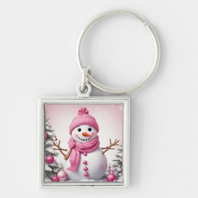 Cute Pink Christmas Snowman Key Ring (Front)