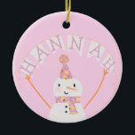 Cute Pink Christmas Snowman Kids Custom<br><div class="desc">This ornament includes an adorable pink and orange snowman. Perfect for kids for the holidays. A name can be added to the banner and custom text to the back.</div>