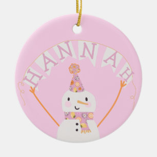 Cute Pink Christmas Snowman Kids Custom Ceramic Tree Decoration