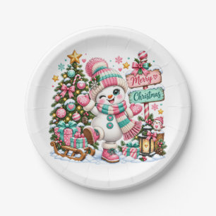 Cute Pink Christmas Snowman Paper Plate