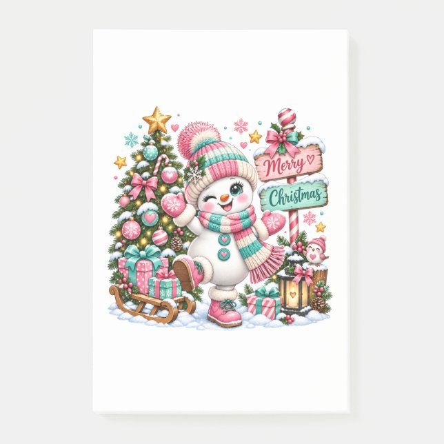 Cute Pink Christmas Snowman Post-it Notes (Front)
