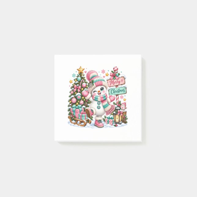 Cute Pink Christmas Snowman Post-it Notes (Front)