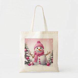 Cute Pink Christmas Snowman Tote Bag
