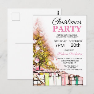 Cute Pink Christmas Tree Holiday Invitation Postcard