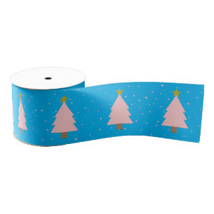 Cute Pink Christmas Tree Line, Golden Stars Blue Grosgrain Ribbon
