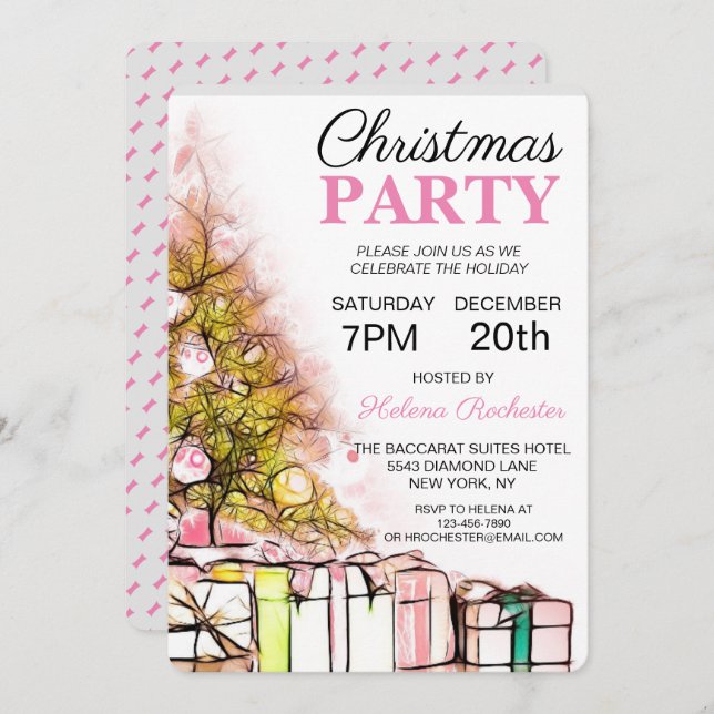 Cute Pink Christmas Tree & Presents Holiday Invitation (Front/Back)