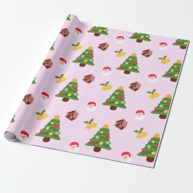 Cute Pink Christmas Tree Wrapping Paper (Unrolled)